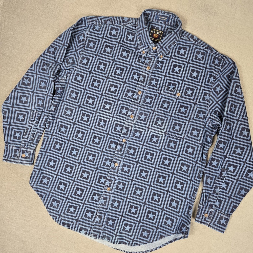 VTG 90s Chaps Ralph Lauren Mens Large Blue Star All Over Print Denim‎ Button Up